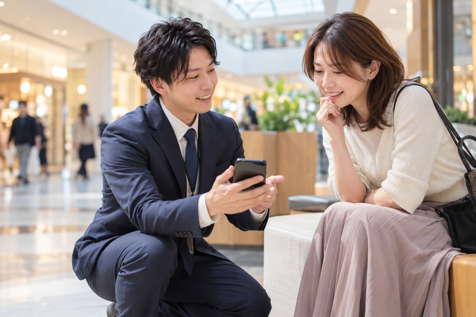 スーツ姿のスタッフが膝をつき、お客様にスマートフォンの画面を見せて説明している様子