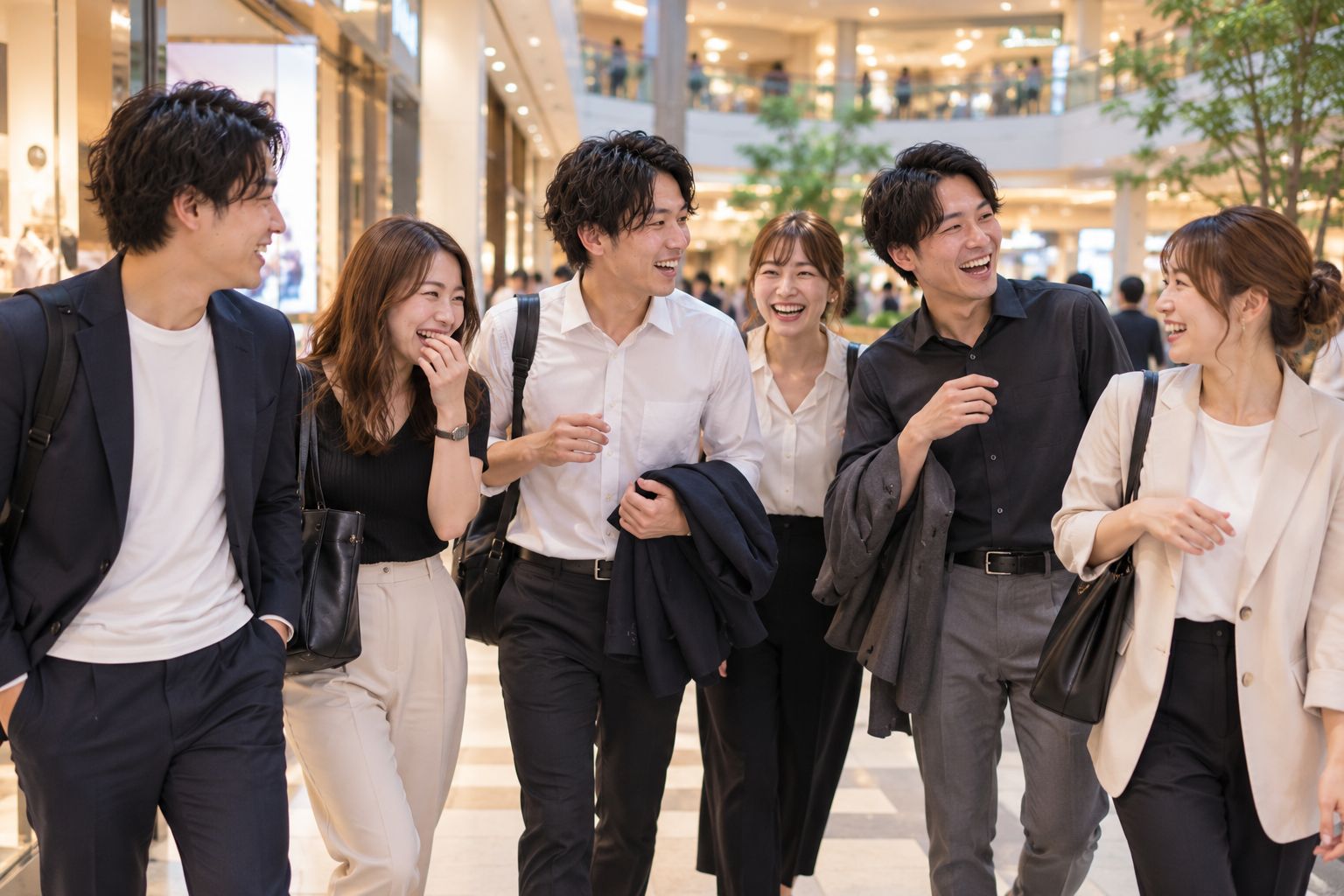 仕事終わりに笑顔で歩く20代・30代のメンバーたち